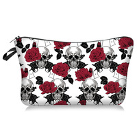 Meilleures ventes Sacs de maquillage promotionnels OEM sublimation doux Gothic Spooky Floral Skull Printed Travel Cosmetic Bags for Women