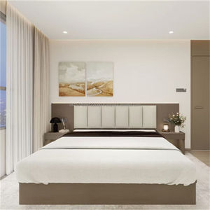 Ensemble de meubles de chambre à coucher modernes et abordables pour suite d'hôtel 3 étoiles ou appartement, avec lit, table de chevet, armoire et meuble TV - Product Image 1