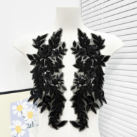 Appliques en dentelle brodée de sequins noirs et de perles, motif floral, pour robe de soirée, robe de mariée, décoration couture