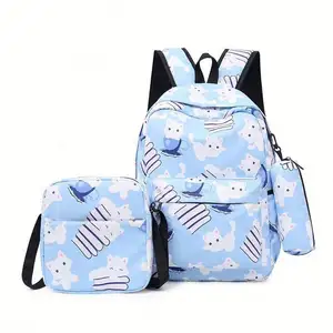 3Pcs Cute Cartoon Gedrukt Canvas Rugzak Nylon Tiener Student Rugzakken Grote Capaciteit Schooltas Set