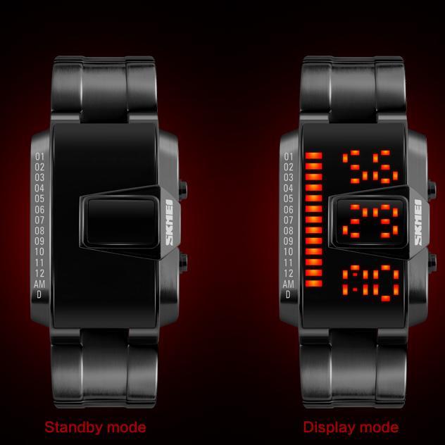 SKMEI 1179 Vintage Black Color Stainless Steel Strap Charms Cool Shape Men's Rectangular Watch Digital Clock Led Male Watches