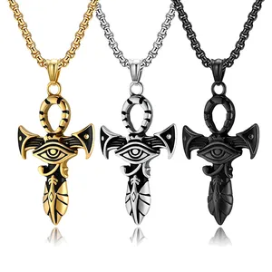 Waterproof Stainless Steel Egyptian Eye Ankh Cross Jewelry Accessory The Eye Of Horus Pendant Necklace For Men's Gifts