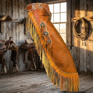 CLOSITWEAR Chaps d'équitation en cuir véritable, nouveau style western à franges, style cowboy, pour la lutte contre les taureaux, taille haute, longueur intégrale, avec boucle - Product Image 3