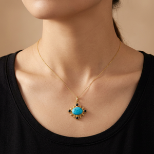 Blue Turquoise Jewelry Black Quartz Accents Sunburst Pendant Necklace 18K Gold Plated Brass Chain Wedding Gift for Women - Product Image 4