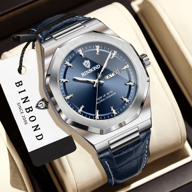 BINBOND Men's Luxury Quartz Watch OEM Support 30M Waterproof 45mm Dial Diameter Luminous Hands Custom Watch