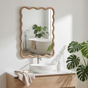 Natural Wood Color 20x30 Wavy <b>Rectangle</b> Solid Wood Frame Decorative <b>Mirror</b> <b>For</b> Bedroom Bathroom Living Room Entryway - Product Image 1