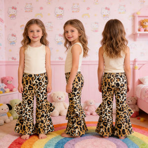 Pantalones de chándal con volantes personalizados para niña pequeña, pantalones acampanados con estampado de leopardo para niña, pantalones de fitness, fábricas de ropa para bebés <span class=keywords><strong>en</strong></span> Guangzhou - Product Image 3
