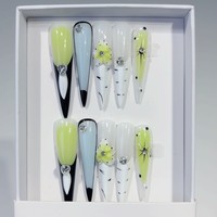 Tacana 10 pièces – Faux ongles de luxe à presser, style français, amande, motif floral européen, vert frais, sculptés, haute qualité, couverture complète