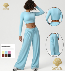 Ensemble assorti femme tendance 2026 : haut court uni à manches longues et pantalon ample à cordon de serrage - Product Image 1