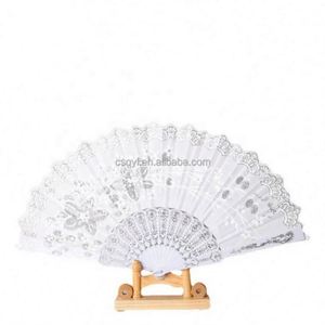 QYL Spanish Folding Fan Vintage Handheld Fan Traditional Retro Pattern Fabric <b>Plastic</b> <b>Frame</b> for Wedding Dancing Party (White) - Product Image 5