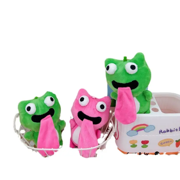 뜨거운 판매 재미있는 어린이 선물 마그네틱 혀 튀어 나오는 재미있는 키 체인 클로 기계 개구리 봉제 인형 가방 펜던트