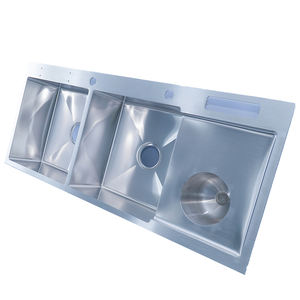 Évier en acier inoxydable à double cuvette fait à la main avec égouttoir et trou à ordures à double trou - Product Image 2