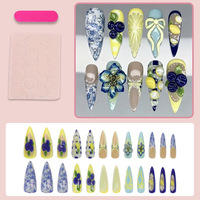 Faux ongles 3D à pointe longue, 24 pièces, motifs bleu, jaune, citron, porcelaine bleue et blanche, autocollants pour ongles, vente en gros