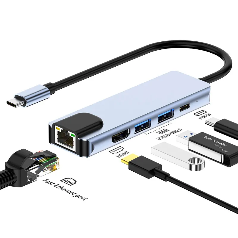 5 en 1 USB C Hub Type C vers HDM 4K RJ45 USB 3.0 2.0 Type-C PD Adaptateur de charge rapide en gros