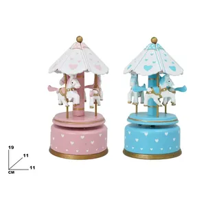 Boîte à musique carrousel avec 2 chevaux assortis, 19 cm, motif cœurs roses et bleus, pour la décoration de la chambre de bébé - Product Image 1