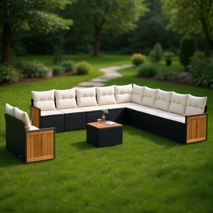 Conjunto de Sofás de Jardín en Negro y Crema, 10 Plazas, Muebles de Ratán para Exteriores, Resistentes a la Intemperie, Diseño Contemporáneo, Panel de Madera de Teca - Product Image 2