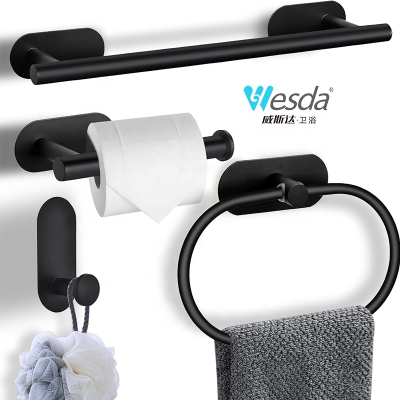 WESDA, лидер продаж, набор аксессуаров для ванной, 4 шт., матовые черные крючки для халата, самоклеющиеся Вешалки для полотенец из нержавеющей стали