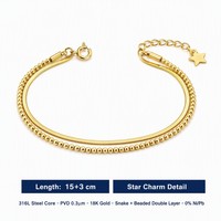 Bracelet de luxe en acier inoxydable plaqué or 18 carats avec chaîne double rangs et perles serpent pour femme - Vente en gros de bijoux