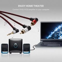 Cable divisor en Y de 90 grados, 3,5mm, AUX a 2 RCA, duradero y práctico, conector en ángulo recto, línea de audio para PC, amplificador de teléfono móvil, altavoz