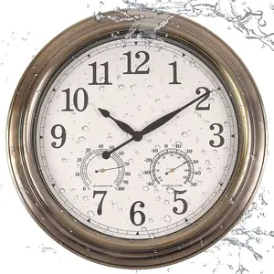 Grande Bronze Antique Wall Clock Retro Metal Redondo Silencioso vintage À Prova De Água Relógio De Parede Ao Ar Livre Com Temperatura & Umidade