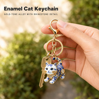 Porte-clés en métal en forme de chat ajouré avec pendentif strass, fermoir mousqueton, breloque pour voiture, sac ou téléphone