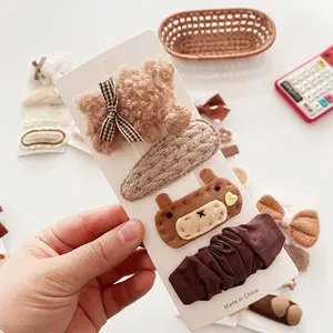 High quality Cute plush bear brown hair bow hairclip set for girls