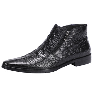 Custom Men's High-Top Leather <b>Shoes</b> with Alligator Pattern Zipper, Warm Martin Boots, Genuine Leather Ankle Boots - Product Image 1