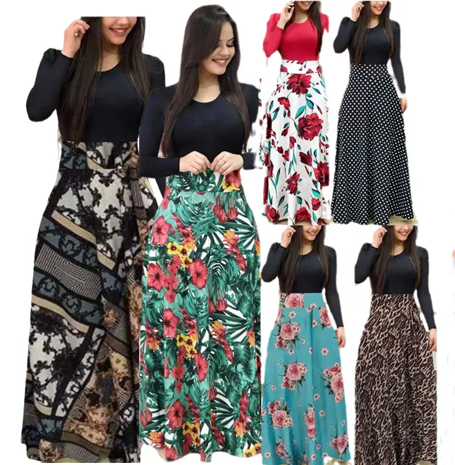 S-5XL Spring Custom Logo Long Sleeve Floral Printed Female Autumn Long Maxi Dress Women Casual Dresses