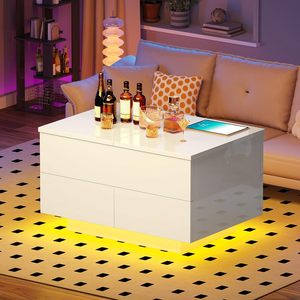 Tavolino <span class=keywords><strong>da</strong></span> Caffè Moderno Bianco Rettangolare con Illuminazione LED, Vano Contenitore Nascosto e Altezza Regolabile - Product Image 6