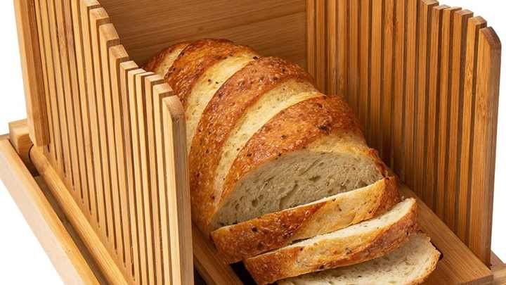 foldable and compact bamboo bread slicer for homemade bread loaf