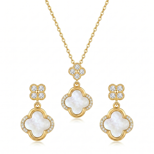 Ensemble de bijoux trèfle porte-bonheur classique noir et blanc avec chaîne en acier inoxydable - Product Image 4