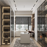 Système de dressing de luxe en U avec portes vitrées, armoire de chambre moderne en bois verrouillable, îlot à bijoux, éclairage LED, pour école