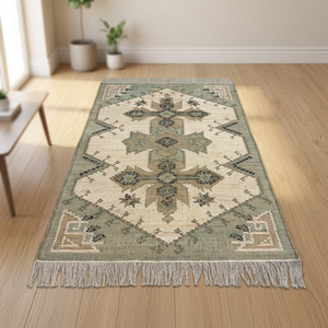 Vintage Handmade <b>Wool</b>/Jute Patchwork Area Rug Turkish Style <b>Brown</b> Bordered Rectangle for Dining Room Home - Product Image 5
