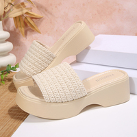 Sandales compensées à plateforme imperméables pour femmes, style européen et américain, à talons hauts, avec sangle en paille tressée et semelle épaisse en corde de chanvre