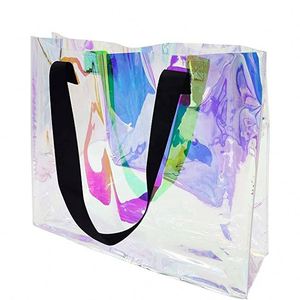 Fashion Iridescent <b>Rainbow</b> Handle Bags Capacity Promotional Custom Logo Size Holographic PVC Tote Bag - Product Image 1