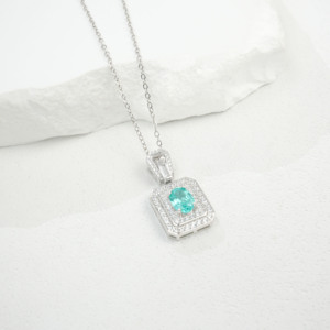 S925 Silver Paraiba Color Green Garnet <b>Necklace</b>, <b>Double</b> Halo CZ Pendant, Women's Fine Jewelry-V - Product Image 1
