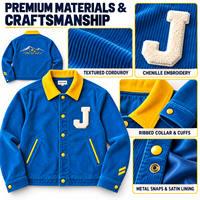 Veste en velours côtelé bleu sur mesure pour homme avec patch lettre en chenille, col contrastant jaune, boutons-pression, poches passepoilées, OEM ODM, faible MOQ