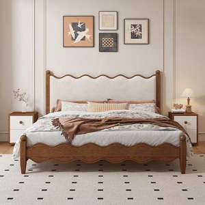 Cama de Madera Maciza Tapizada de Estilo Retro Francés, Cama Matrimonial de 1.8m, Diseño Vintage con Ondas - Product Image 4