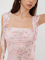 Robe mini moulante rose poudré à col carré en dentelle florale avec bretelles à volants pour soirée et bal de promo