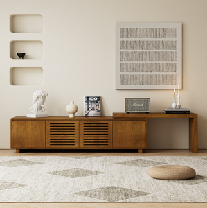 Mid-Century Modern Solid Oak Extendable TV Stand with <b>Adjustable</b> Storage for up to 75" TVs Living Room Media Console - Product Image 1