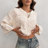Pulls en tricot torsadé de haute qualité pour femmes, coupe courte, épaules tombantes, style oversize, pull d'automne à manches longues, tendance