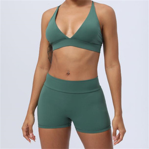 Otoño nuevo estilo señoras mujeres compresión elástica suave secado rápido V corte Yoga pantalones cortos y Conjunto de sujetador - Product Image 1