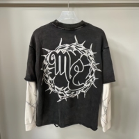 Meichao MIXED EMOTION Sweat-shirt deux pièces à manches longues en coton 100% brodé, délavé, coupe ample et décontractée, style urbain