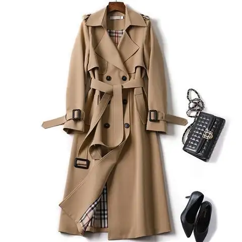 Groothandel 2023 Herfstmode Elegant Temperament Nieuwe Losse Kaki Britse Stijl Medium Lange Dunne Trenchcoat Voor Dames