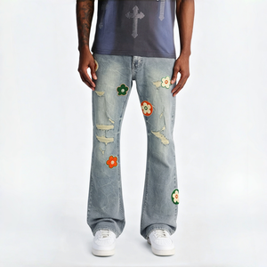 Pantalon en jean évasé vintage à motifs floraux, avec poches latérales fonctionnelles, pour un style Hip Hop, High Street, Punk, au quotidien - Product Image 1
