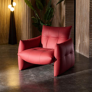 เก้าอี้โซฟาหนังแท้สไตล์มินิมอลอิตาลี สีแดง เบาะนุ่ม เก้าอี้เดี่ยวสำหรับห้องนั่งเล่น เฟอร์นิเจอร์ลำลอง โครงสร้างแข็งแรง - Product Image 4