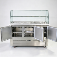 Gewerblicher 3-Türiger Salatvorbereitungs-Kühltresen aus Edelstahl mit Gebogener Glasscheibe für Restaurants und Buffets, 478L Automatisch