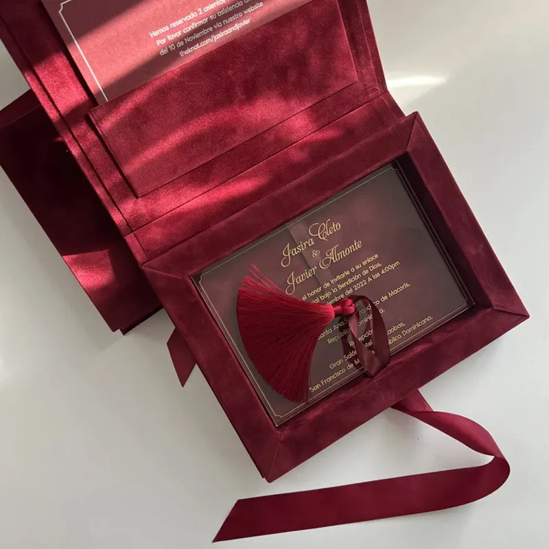 Kunden spezifische Acryl-Hochzeits einladung mit Geschenk-Samtbox Benutzer definierte Laser-UV-Design-Hochzeits einladung karte mit Box