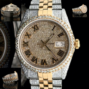 Montre de luxe pour homme avec cadran arabe serti de pierres, verre en cristal, pierres en moissanite, bracelet en acier inoxydable, résistance à l'eau 10 bars - Product Image 1