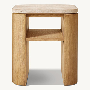 Table d'appoint carrée de style américain personnalisée Rhoohill, de haute qualité, pour salon, en chêne blanc moderne avec plateau en travertin, petite table basse - Product Image 1